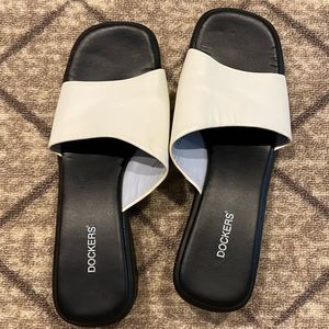 Asymmetrical Black and White Sandal with 1” Heel